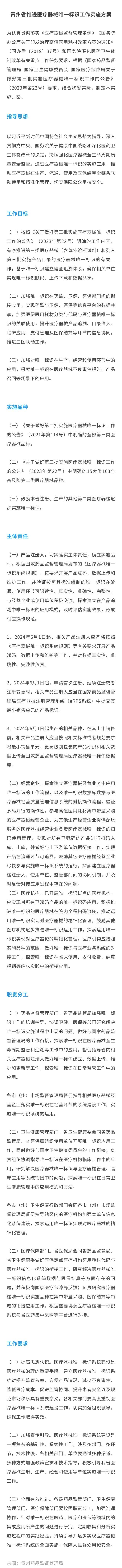 貴州省藥監局發布推進醫療器械唯一標識工作實施方案的通知